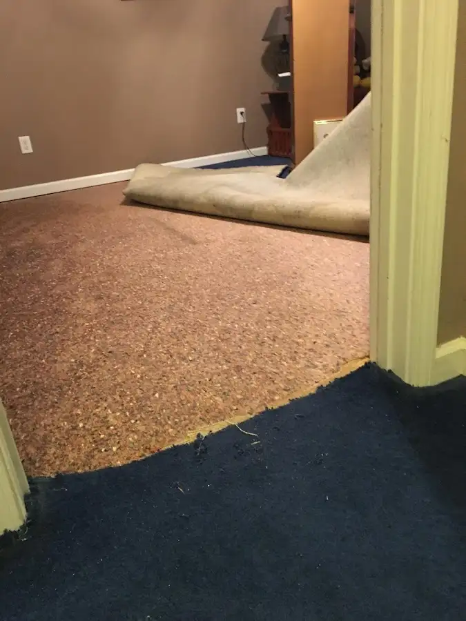 Carpet pad removal revealing water damage during Drying & Dehumidification in Camp Hill
